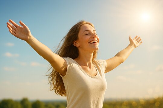 A happy woman standing outdoors with arms open, enjoying bright sunlight under a clear sky, expressing freedom, positivity, and an uplifting joyful moment