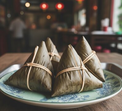 Three traditional zongzi wrapped in leaves and tied with string, filled with sticky rice, sausage, peanuts, dried shrimp, mushroom, taro paste, and salted egg yolk