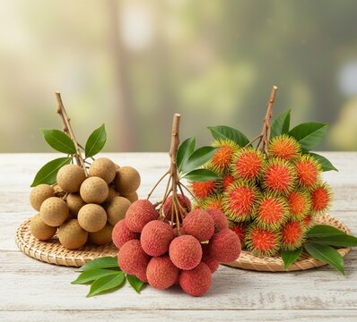 Fresh longan, lychee, and rambutan arranged on woven trays with stems and green leaves, creating a colorful and natural tropical fruit display on a wooden surface
