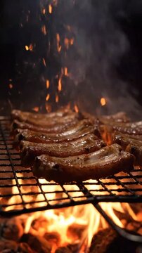 Dynamic sequence capturing grilling process with sizzling flames and sizzling meat on a barbecue grill with fiery background