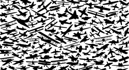 Collection of various black silhouettes of airplanes and biplanes on white background vintage retro aviation © Mamun