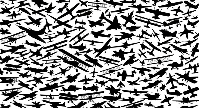 Collection of various black silhouettes of airplanes and biplanes on white background vintage retro aviation