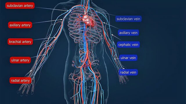 Animated human circulatory system of upper limb with labeled arteries and veins