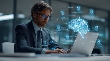 近代的なオフィスで展開されるAI（人工知能）のニューラルネットワークとデータ解析のコンセプトイメージ