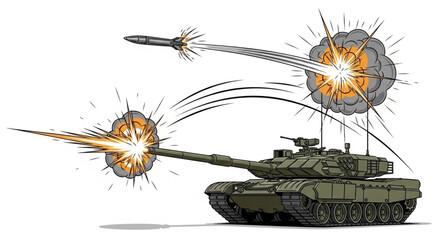 Military Tank Firing Cannon Shells. © Rio