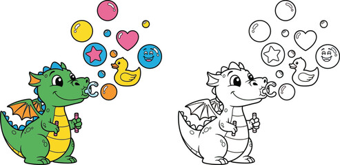 Obraz premium Adorable Baby Dragon Blowing Bubbles Fun Coloring Page for Kids and Playful Designs