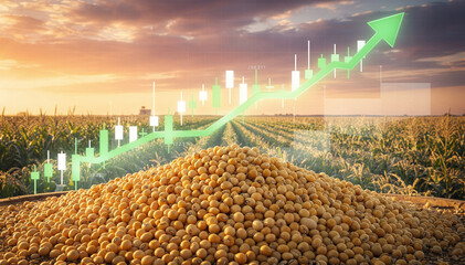 Soybeans pile and field with rising stock chart at sunset, agriculture economy