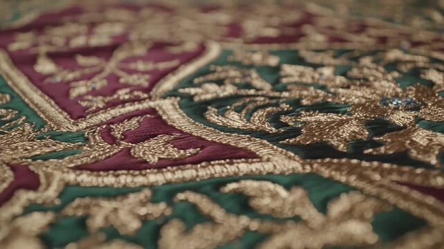 Close-up of intricate gold embroidery on green and maroon fabric