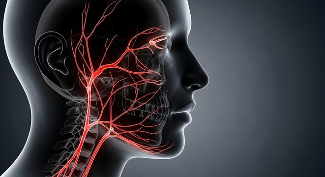 Medical Visualization of Trigeminal Neuralgia Showing Facial Nerve Network with Intense Red Pain Signals in Human Head Anatomy