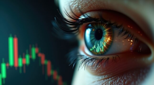Ojo con una mirada aguda, que refleja vibrantes gr&aacute;ficos de velas de criptomonedas con l&iacute;neas verdes y rojas audaces