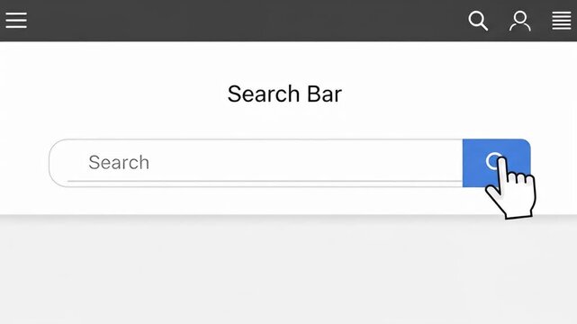 Digital search bar, hand cursor clicking button, gray header with three menu icons