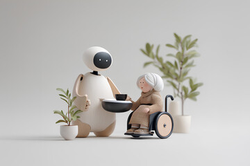 Naklejka premium 車椅子の高齢者の朝食をやさしく見守るAIロボットの未来生活 