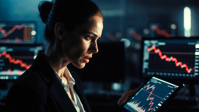 A woman intently analyzes a tablet displaying a falling stock chart in a dark office filled with monitors.