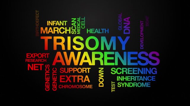 Trisomy awareness concept Animated Tag Word Cloud kinetic typography, Text Design Animation typography seamless loop video motion graphics Intro Wordart down syndrome rainbow type on black background 