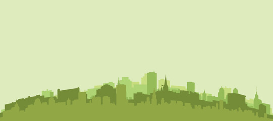 Green panoramic poster of the city skyline with solid background buildings on a hilly terrain of ZURICH, SWITZERLAND