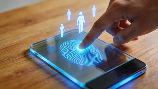 Futuristic concept of HR onboarding and payroll automation with digital fingerprint interface