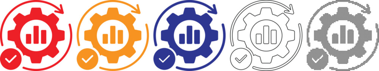 Obraz premium Set of colorful gear icons with graph and checkmark on transparent background