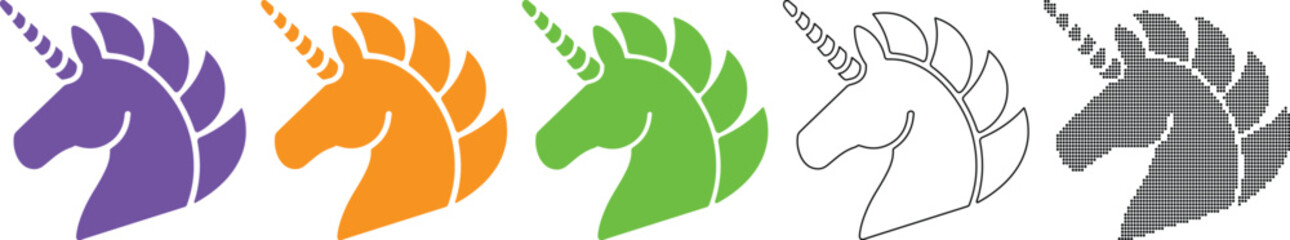 Set of colorful unicorn head logos in different styles isolated on transparent background © MdMehedi