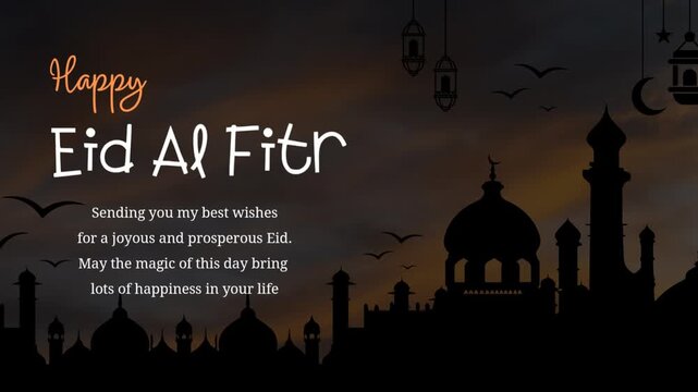 Elegant Eid Al Fitr greeting video with mosque silhouette, crescent moon, lanterns and sunset sky background.