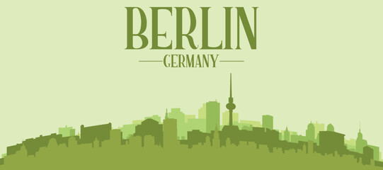 Fototapeta premium Green panoramic poster of the city skyline with solid background buildings on a hilly terrain of BERLIN, GERMANY