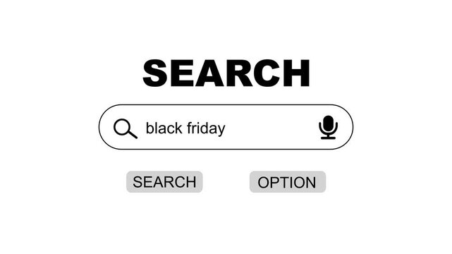 Black Friday search bar online shopping concept with magnifying glass and microphone on white background ecommerce discount day