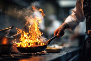 A chef is cooking food in the kitchen and they are using fire to heat up their pan, with flames coming out of it.