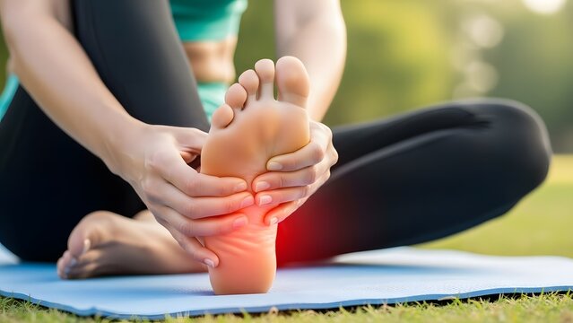 Foot pain and plantar fasciitis relief. Sports injury and podiatry health care. Woman sitting on yoga mat holding her sore foot with red pain animation