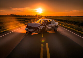 Fototapeta premium Abandoned car on a deserted road at sunset with a beautiful landscape