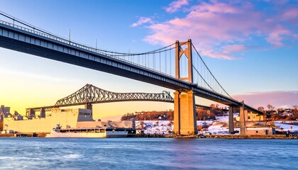 Fototapeta premium Suspension bridges span water at dusk with building