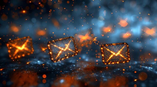 Futuristic abstract image of glowing email envelopes in dark space with warm bokeh effects