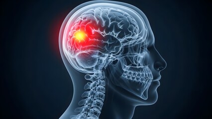 Obraz premium Brain activity and neurological health mapping. Cognitive function and mental health. Side view of transparent human skull with red glowing area in the brain