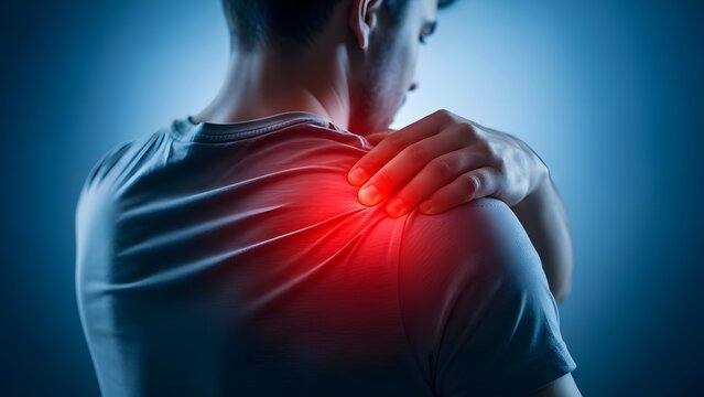 Shoulder pain and muscle strain relief. Physiotherapy and orthopedic health. Man holding his sore shoulder with a red glow indicating injury or inflammation in a studio setting