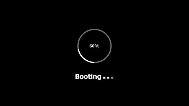 Animated abstract circle loading bar booting from 0 to 100%, designed for progress and transfer concepts. High quality4K animation on black background.