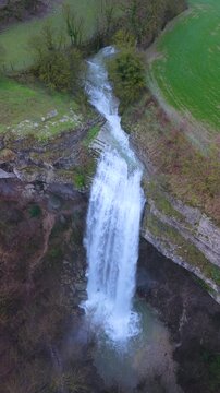 Aerial view from a drone of the Artazul Waterfall in Aizp&uacute;n in the Ollo Valley. Navarre, Spain. Europe