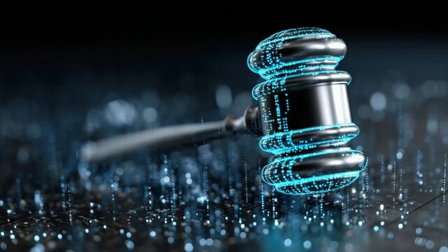 Digital Justice: A captivating perspective of a gavel aglow with digital circuitry, symbolizing the fusion of technology and the justice system, and the evolving concept of law in the digital age.