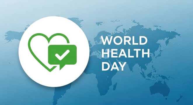 World health day logo on blue world map background with green heart and speech bubble