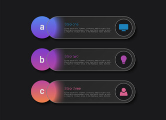 Fototapeta premium Three step vector vertical workflow diagram for presentations, banners, flowcharts, business reports. Modern infographics design with dark glass effect