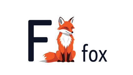 Obraz premium English alphabet flashcard for the letter F, featuring a clever-looking red fox sitting next to the letter and the word 'fox'.