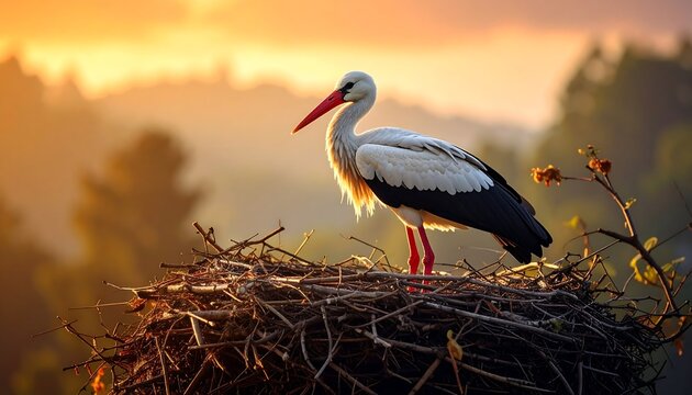 Stork perches on large nest against a warm, sunny, wooded backdrop, bright feathers catching the golden hour light