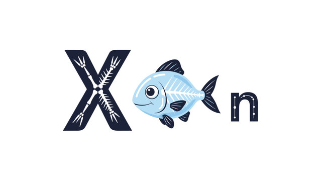 Fun alphabet learning card for the letter X, featuring an x-ray fish with visible bones and stylized capital and lowercase letters.
