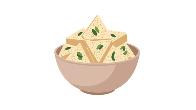 Bowl of fresh paneer or tofu cubes, a common ingredient in Indian and Asian cuisine, garnished with green herbs for flavor.