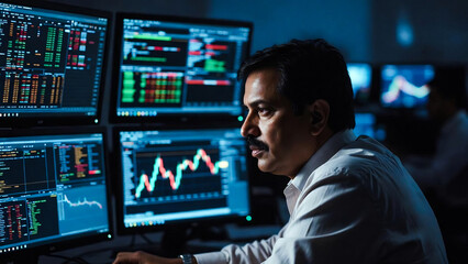 A man intently monitors multiple stock market screens, focused and serious.