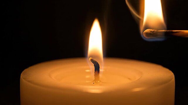 Lighting a candle with a match: flame ignition and gentle flicker in closeup