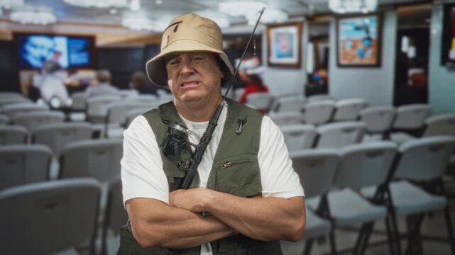Man fisherman wearing vest and hat with fishing rod and arms crossed in a building waiting room; discomfort waiting idle.