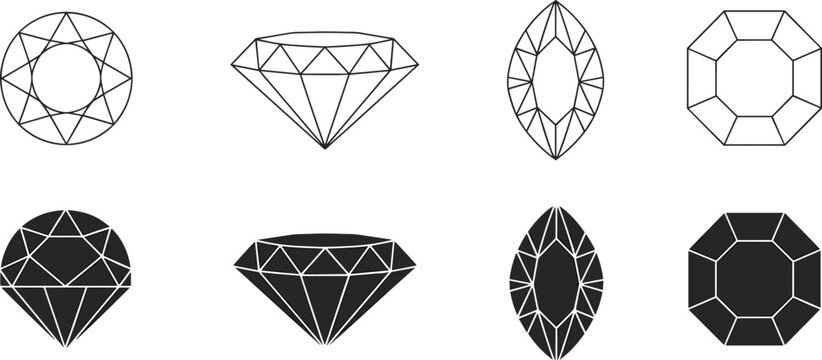 Diamond gem stone shapes vector set, luxury jewelry outline and silhouette icons for fashion design projects