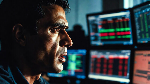 A man intently watches multiple stock market monitors, focused and serious in a dimly lit control room.
