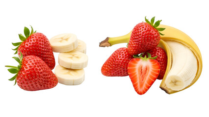 Fresh Strawberries And Bananas Whole Sliced And Peeled