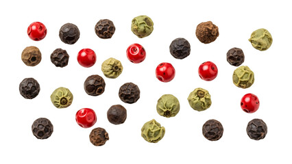Assorted Peppercorns Mix Scattered On White Background
