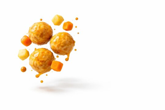 Studio photo of curry fishballs with potato and carrot cubes floating in a clean levitation setup