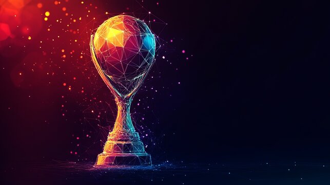 A vibrant digital trophy with a glowing globe on top stands against a dark background with colorful lights